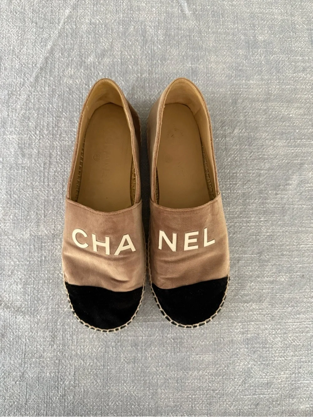 CHANEL Taupe and Black Logo Espadrille Flats